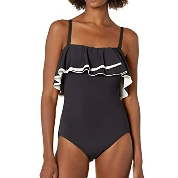 Contours by Coco Reef Women's Agate Ruffle Bandeau One Piece Black Swimsuit - Picture 2 of 12